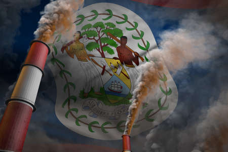 Pollution fight in Belize concept - industrial 3D illustration of two large plant chimneys with dense smoke on flag backgroundの写真素材