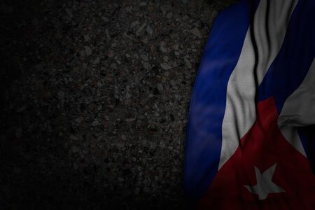 wonderful dark illustration of Cuba flag with large folds on dark asphalt with free space for text - any holiday flag 3d illustration
の写真素材