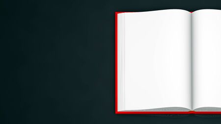 object 3d illustration - high resolution red book that is fully open, school concept isolated on black backgroundの写真素材