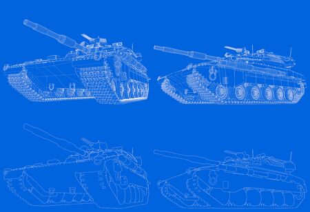 Military 3D Illustration of blueprint schema - outlined isolated 3D tank with fictional design, very high resolution war conceptの写真素材