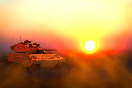 Military 3D Illustration of sand camouflage army tank with fictive design on sunset in desert,...