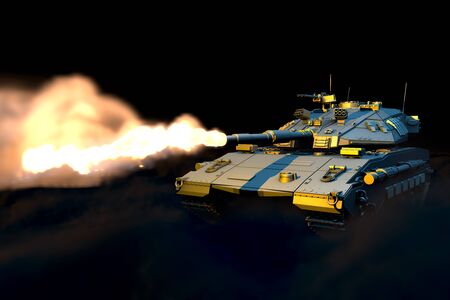 Military 3D Illustration of isolated grey modern tank with fictional design attacking, detailed tank...