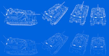Military 3D Illustration of drawn blue print - outlined isolated 3D modern tank with fictional design, detailed honour conceptの写真素材
