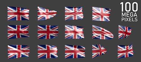 United Kingdom (UK) flag isolated - various pictures of the waving flag on grey background - object...