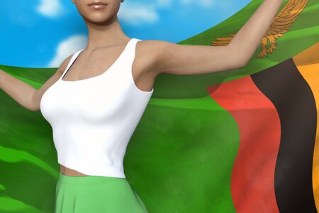 beautiful lady in bright skirt is holding Zambia flag in her hands behind her on the cloudy sky background - flag concept 3d illustrationの写真素材