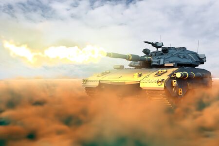 Military 3D Illustration of tank with fictional design in combat shoots in desert, high detail tank fight conceptの写真素材