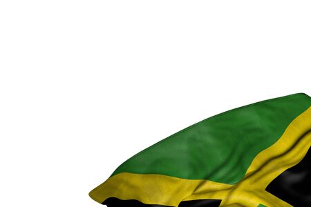nice Jamaica flag with large folds lying flat in bottom right corner isolated on white - any occasion flag 3d illustrationの写真素材