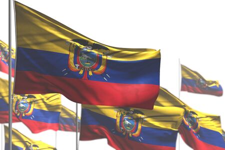 pretty many Ecuador flags are waving isolated on white - illustration with soft focus - any celebration flag 3d illustrationの写真素材