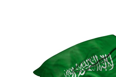 wonderful Saudi Arabia flag with big folds lie in bottom right corner isolated on white - any feast flag 3d illustrationの写真素材