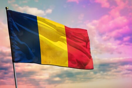 Fluttering Chad flag on colorful cloudy sky background. Chad prospering concept.の写真素材