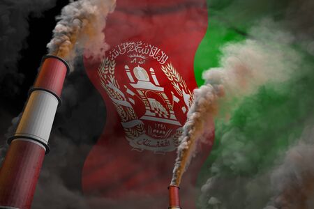 Afghanistan pollution fight concept - two big industrial chimneys with dense smoke on flag background, industrial 3D illustrationの写真素材