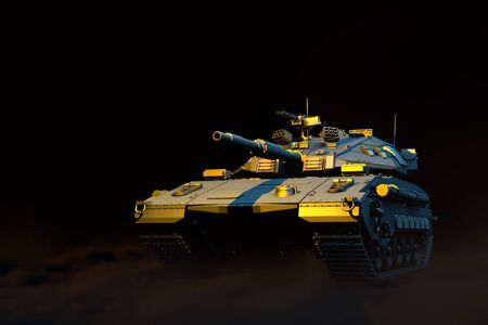 Military 3D Illustration of isolated grey modern tank with fictive design fighting, highly detailed heavy armor concept on black smoke backgroundの写真素材