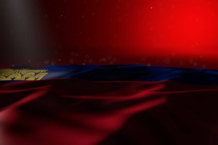 beautiful celebration flag 3d illustration - dark photo of Liechtenstein flag lay on red background with selective focus and empty space for textの写真素材