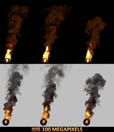 very high resolution burning rolling car tire isolated, revolt concept - 3D illustration of objectの写真素材