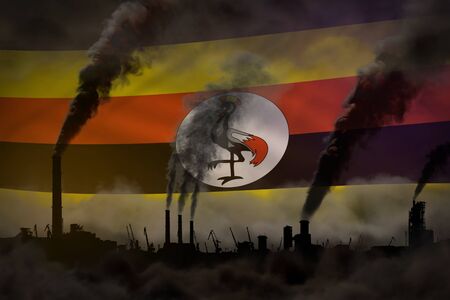 dense smoke of plant chimneys on Uganda flag - global warming concept, background with place for your text - industrial 3D illustrationの写真素材