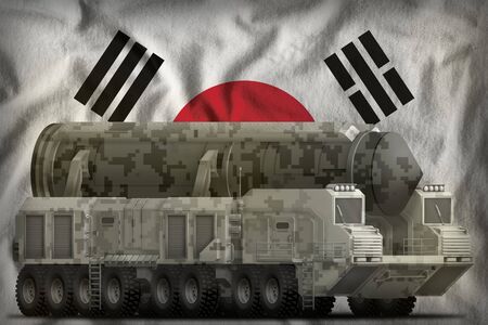 intercontinental ballistic missile with city camouflage on the Republic of Korea (South Korea) flag background. 3d Illustrationの写真素材