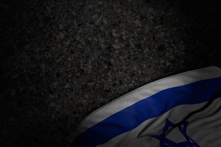 wonderful dark image of Israel flag with large folds on dark asphalt with empty space for content - any feast flag 3d illustrationの写真素材