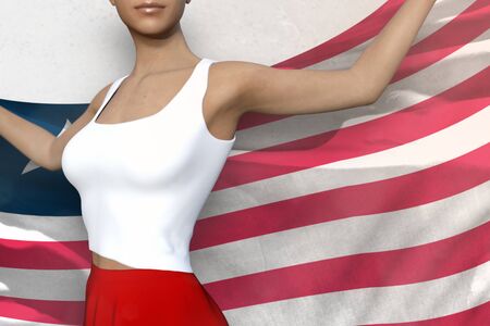 beautiful woman in bright skirt is holding Liberia flag in her hands behind her on the white background - flag concept 3d illustrationの写真素材