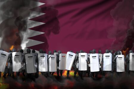 Qatar police squad in heavy smoke and fire protecting state against revolt - protest stopping...