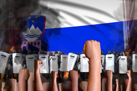 disorder stopping concept - protest in Slovenia on flag background, police swat stand against the angry crowd -  military 3D Illustrationの写真素材