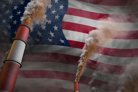 USA pollution fight concept - two large plant pipes with heavy smoke on flag background, industrial 3D illustrationの写真素材