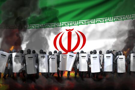 Iran police special forces in heavy smoke and fire protecting state against demonstration - protest fighting concept, military 3D Illustration on flag backgroundの写真素材