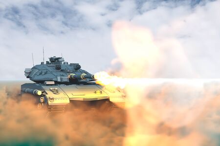 tank with design that not exists fighting firing in desert, high resolution tank fight concept -...