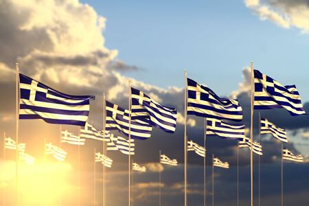 nice labor day flag 3d illustration
 - many Greece flags on sunset placed in row with selective focus and place for contentの写真素材