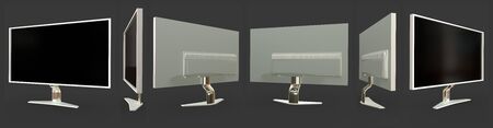 hi-res images from different angles of white pc monitor with fictional design isolated on grey background - realistic 3D illustration of objectの写真素材