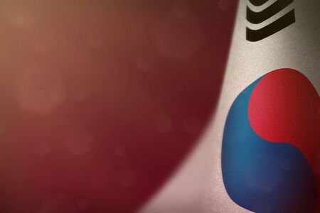 Republic of Korea (South Korea) hanging flag for honour of veterans day or memorial day on red dark velvet background. Republic of Korea (South Korea) glory to the heroes of war concept.の写真素材