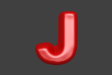 Red soft plastic alphabet - letter J isolated on grey background, 3D illustration of symbolsの写真素材