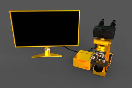 gold professional microscope, cpu box and empty display isolated, photorealistic medical 3d illustration with fictional design, physics discovery conceptの写真素材