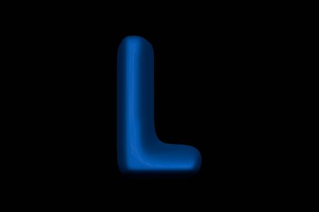 Shiny blue plastic font - letter L isolated on black background, 3D illustration of symbolsの写真素材