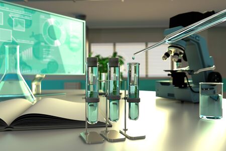 lab test tubes in bio research facility - potable water quality test for bacteria concept, medical 3D illustrationの写真素材
