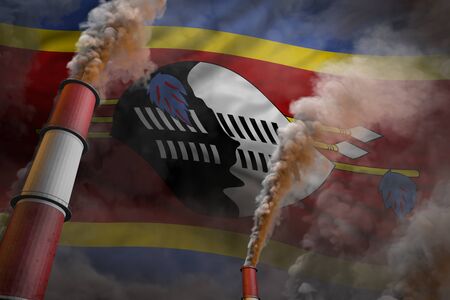 Pollution fight in Swaziland concept - industrial 3D illustration of two big industrial pipes with dense smoke on flag backgroundの写真素材