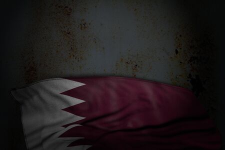 wonderful dark photo of Qatar flag with large folds on rusty metal with empty space for your text - any celebration flag 3d illustrationの写真素材