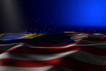 pretty feast flag 3d illustration - dark picture of Malaysia flag lay on blue background with soft focus and free place for contentの写真素材