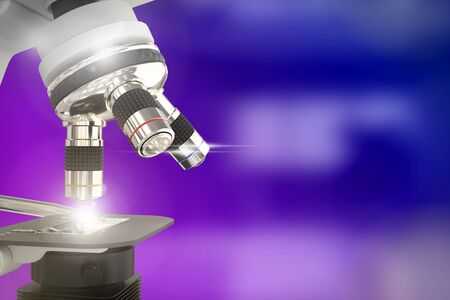 bio study concept, laboratory modern scientific microscope with flare on bokeh background - object 3D illustrationの写真素材