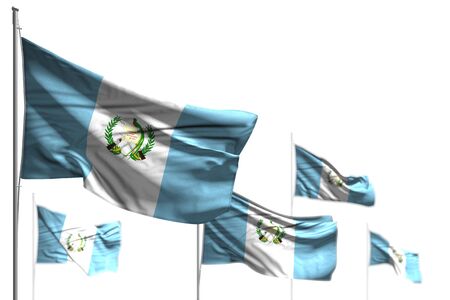 cute five flags of Guatemala are waving isolated on white - picture with bokeh - any feast flag 3d illustration
の写真素材