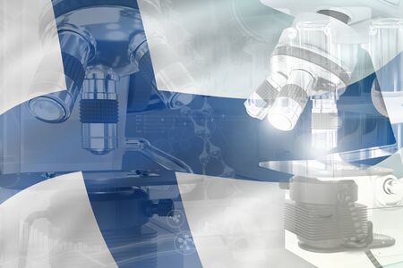 Microscope on Finland flag - science development conceptual background. Research in biochemistry or...