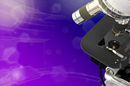 Medical study concept, medical 3D illustration of laboratory modern scientific microscope with flare on colorful overlay backgroundの写真素材