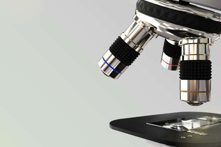 virus study concept, lab modern scientific microscope on gradient background - object 3D illustrationの写真素材