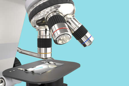 96 MPx high resolution renders of lab microscope with fictive design isolated on blue - 3d illustration of object, microscopy discovery conceptの写真素材