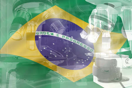 Microscope on Brazil flag - science development conceptual background. Research in healthcare or pharmacy, 3D illustration of objectの写真素材