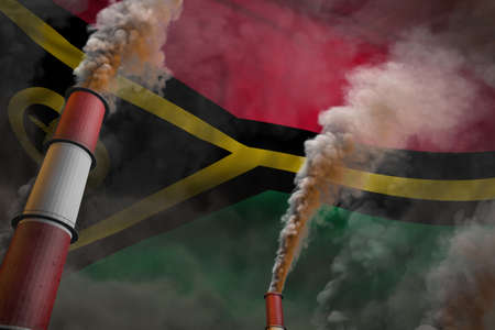 Pollution fight in Vanuatu concept - industrial 3D illustration of two huge industrial chimneys with dense smoke on flag backgroundの写真素材