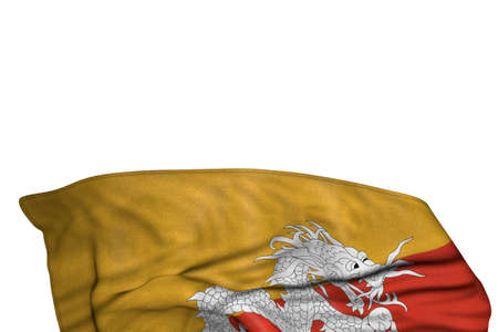 wonderful Bhutan flag with big folds lay in the bottom isolated on white - any holiday flag 3d illustrationの写真素材