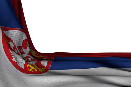 nice day of flag 3d illustration - isolated mockup of Serbia flag hangs in corner on white with...