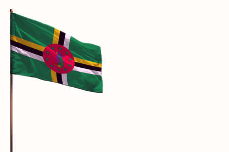 Fluttering Dominica flag isolated, mockup with the place for your text on white background.の写真素材