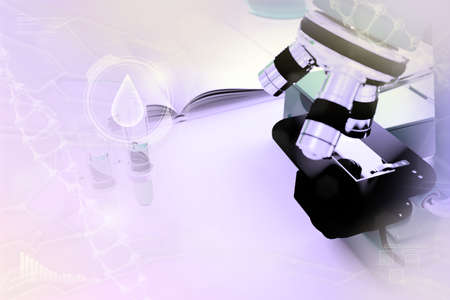 biochemistry study texture, vivid conceptual medical 3D illustration - test tubes and microscope in...
