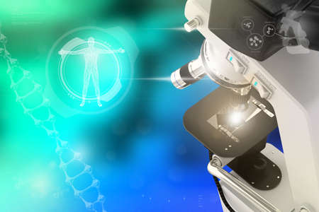 Medical analysis concept, lab electronic scientific microscope on colorful overlay background -...